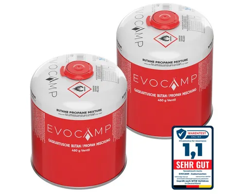 EVOCAMP Gaskartusche 2x Propan Butan 450g, Schraubkartusche Eurogewinde 7/16