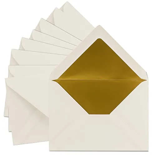 10x DIN C5 Kuverts 15,7 x 22,5 cm in natur-weiß mit goldenem Seidenfutter