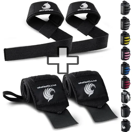 Fitgriff® Handgelenk Bandagen + Zughilfen (2er Set) - für Krafttraining, Fitness, Bodybuilding, Gewichtheben, Gym, Kraftsport - für Frauen und Männer (Black Original)