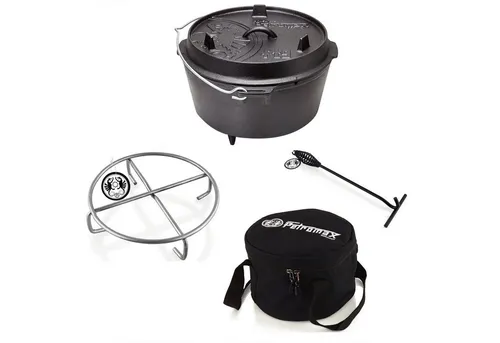 Petromax Feuertopf-Set ft9 - 7,5 Liter Gusseisen mit Untersetzer, Tasche & Deckelheber - Grillzubehör: Hochwertiger Gusseisen-Feuertopf ft9 für schonendes Garen, inklusive stabiler Transporttasche und praktischem Deckelheber für optimale Handhabung.