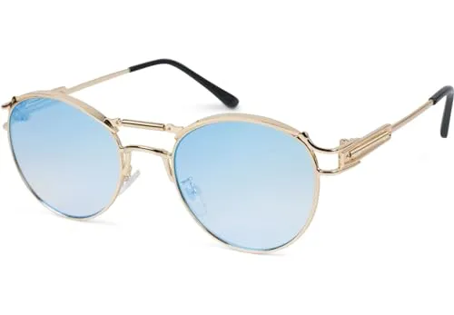 styleBREAKER Damen Panto Sonnenbrille mit ovalen Flachgläsern und Metall Bügel, Federn, Silikon Nasenauflage 09020117, Farbe:Gestell Gold/Glas Blau-Rosa verspiegelt