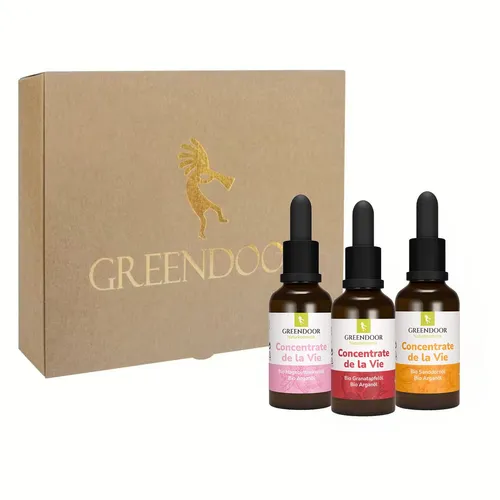 GREENDOOR Geschenk Set Concentrate de la Vie - Hochwertiges Geschenkset mit drei GREENDOOR Konzentraten für die Hautpflege. Ideal für intensive Feuchtigkeit und Pflege, kombiniert mit natürlichem Bio Arganöl – perfekt für jeden Hauttyp!