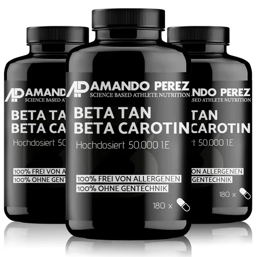Amando Perez Beta Carotin Depot Bräunungskapseln - 540 VEGANE Softgels - Antioxidant Betacarotin mit 50.000 I.E. für eine natürliche Bräune ohne UV-Strahlen. Unterstützt Haut, Immunsystem und Sehkraft - vegan und laborgeprüft.