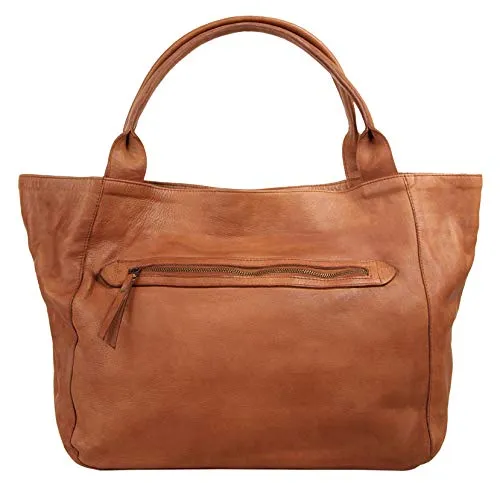 Shopper X-ZONE, Damen, Vintage Leder Tasche in Cognac - Handtaschen aus 100% echtem Leder mit elastischem Hauptfach, ideal für spontane Einkäufe und stilvolle Looks. Viel Platz und praktische Fächer für Smartphone und Geldbörse.