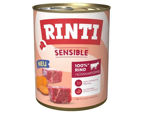 Rinti Sensible mit Rind + Süßkartoffel 800 g - 6 Stück für Hunde - Hochwertiges Hundefutter für empfindliche Hunde. Enthält 58% Rind und 7% Süßkartoffel, ideal zur Unterstützung der Verträglichkeit. Glutenfrei, ohne Getreide, für eine ausgewogene Ernährung.