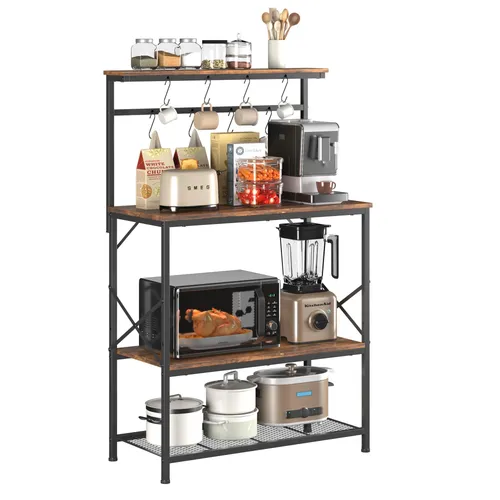 COMHOMA Regal, Küchenregal, Standregal, Mikrowellen Regal für Küche, Gewürzregal, Bücherregal mit Anti-Kipp-Schutz, Shrank mit 4 Ablagen, 8 S-Haken