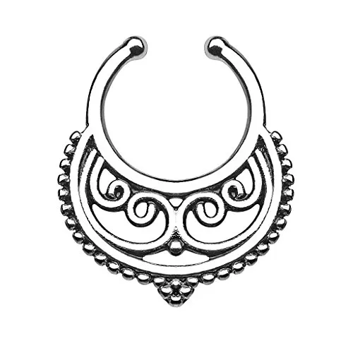 Produktbild Piercingfaktor® Fake Piercing Universal Ring Septum Vintage Tribal Halbmond mit Ringen Nasen Lippen Helix Ohr Intim Tragus Nippel Hufeisen Horseshoe Lippenbändchen Silber