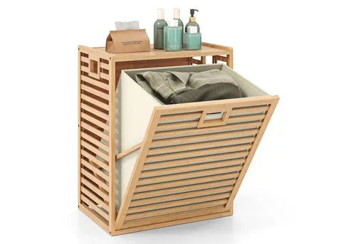 COSTWAY Wäschekorb, 68 L, Badregal Bambus, mit Ablage & klappbarem Korb