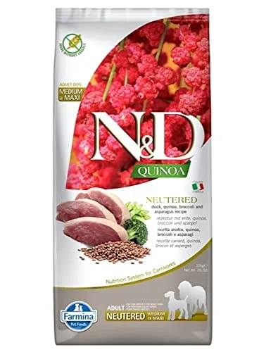 N&D Quinoa Dog Ente Brokkoli 12Kg für Kastrierte Hunde - Hundefutter speziell für kastrierte Hunde: Mit niedrigem glykämischen Index, hochwertigen Zutaten wie Ente und Brokkoli für optimales Wohlbefinden.