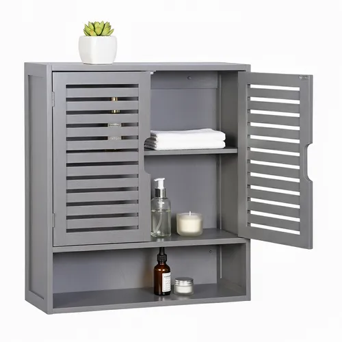 relaxdays Hängeschrank Bad grau - Moderner Wandschrank - Hängeschrank für Bad, Küche oder Büro mit 3 höhenverstellbaren Fächern. Elegantes Design mit Bambusakzenten und Magnetverschluss für sicheres Schließen. Ideal für kleine Räume!