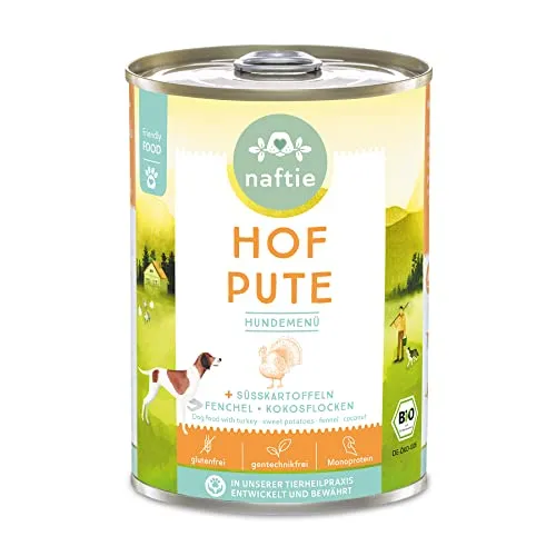 naftie Bio Hundefutter Hof Pute - Premium Nassfutter Menü mit Putenfleisch & Süßkartoffeln - getreidefrei glutenfrei - purinarm - 400g Dosen