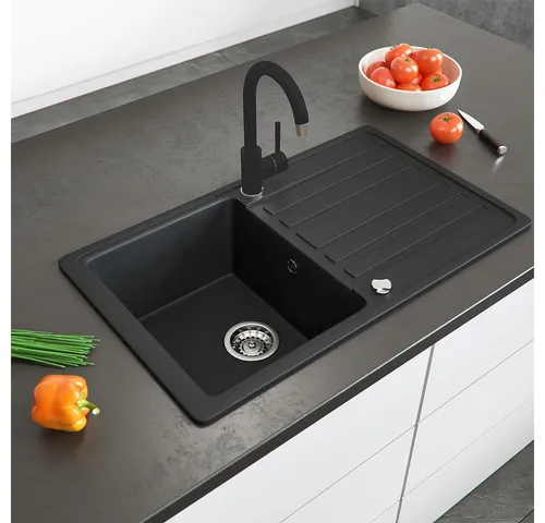 Bergström Spülbecken Schwarz 77 x 46 cm mit Trockenplatz - Sanitäranlagen & Zubehör – Hochwertige Granitspüle mit Abtropffläche, chemikalienbeständig und ideal für eine elegante Küchengestaltung.