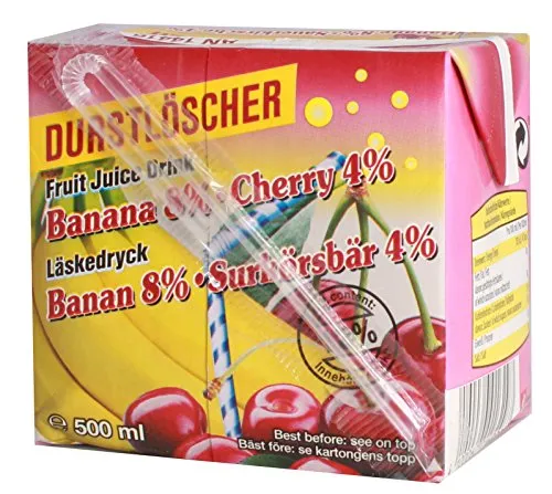 DURSTLOESCHER Softgetränk Banane Sauerkirsche 500ml 48er Pack - Erfrischendes Fruchtsaftgetränk im praktischen 500ml Trinkpäckchen, ideal für unterwegs. Genießen Sie die einzigartige Kombination von Banane und Sauerkirsche – perfekt für jeden Durst!