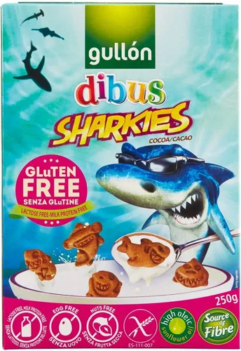 Gullón Gluten Free Sharkies Dibus,Glutenfreie Kinderkekse,Kakaokekse,250g