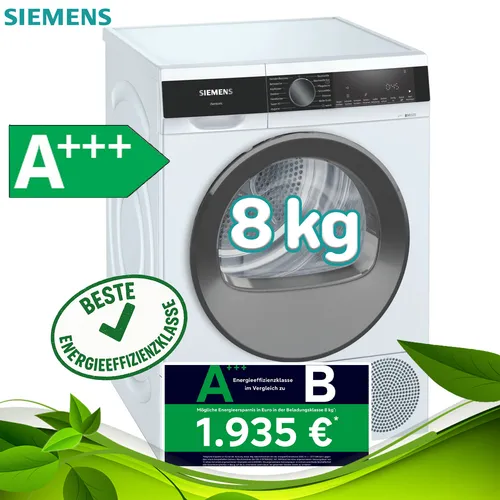 Siemens iQ500 Wärmepumpentrockner 8kg - Trockner der Energieeffizienzklasse A+++, ausgestattet mit autoDry und easyClean für müheloses Trocknen und einfache Reinigung, ideal für moderne Haushalte.