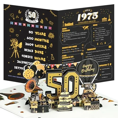 Joyoldelf 50. Geburtstagskarte, 1975 Jahrgang Geburtstag Karte, 3D Pop Up Grußkarten mit Umschlag, Vintage Geburtstag Geschenke für Mann und Frau