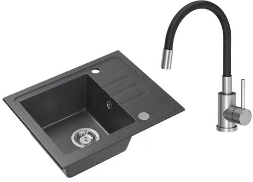 VBChome Granit Spülbecken Schwarz 55 x 44 cm mit Armatur - Elegante Granitspüle mit kratzfester Oberfläche und praktischer Abtropffläche, ideal für flächenbündigen Einbau in Küchen. Hitzebeständig bis 200 Grad und reversibel einbaubar.