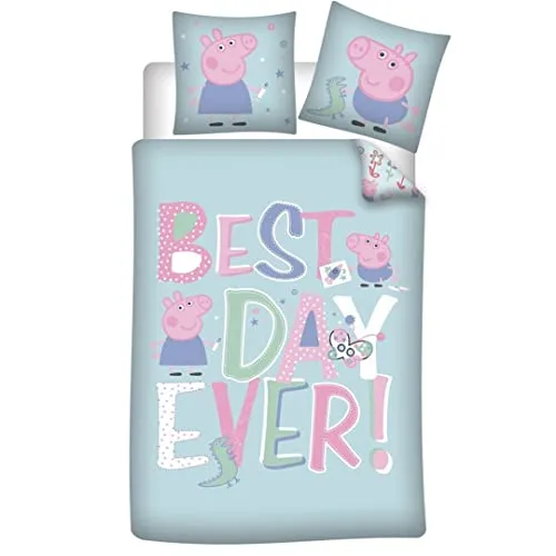 Peppa Pig Best Day Bettwäsche 140×200 cm - Bettwäsche-Set für Kinderzimmer mit wendbarem Design, aus 100% Polyester-Mikrofaser. Weich, pflegeleicht und ideal für süße Träume von Peppa Pig!