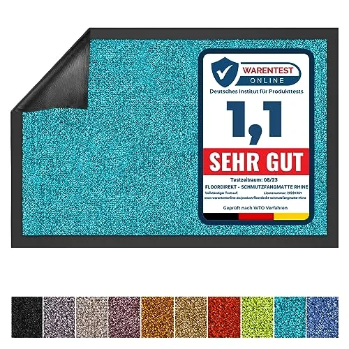Floordirekt Schmutzfangmatte Rhine - waschbare & leistungsstarke Fußmatte - Sauberlaufmatte mit Rutschfester Rückseite - Türmatte für den Eingangsbereich (Türkis, 60 cm x 90 cm)