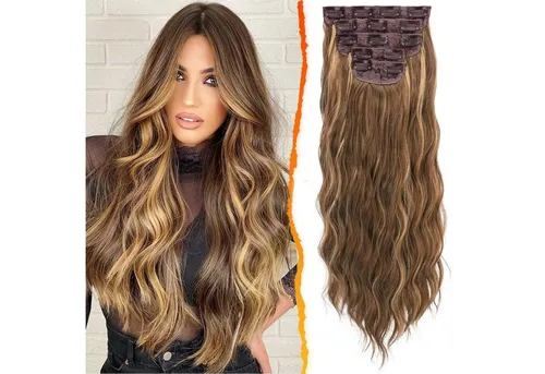 LuxusKollektion Kunsthaar-Extension 5 Clip Haar Extensions 50cm Wellige Highlights Braun Karamell Blond