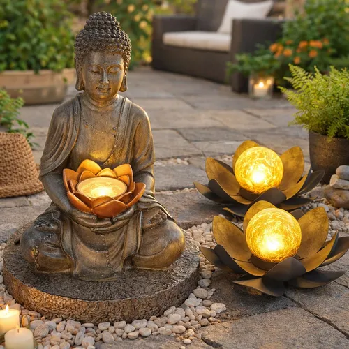 3er Set LED Solar Steh Leuchten - Feng Shui Buddha & Lotosblumen - Hochwertige Solarleuchten für Garten und Terrasse, schützen gegen Spritzwasser (IP44) und bieten bis zu 8 Stunden warmweißes Licht. Ideal für stimmungsvolle Akzente!