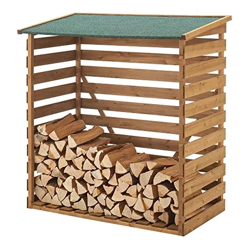 [en.casa] Brennholzunterstand aus Tannenholz 123x116x64cm - Aschesauger: Robustes Kaminholzregal mit wetterfestem Bitumendach für optimale Holzlagerung und Schutz vor Nässe im Garten.