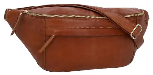Gusti Leder Gürteltasche Esben – Vielseitige Bauchtasche - Gürteltasche, geräumig und stylish im Bellybag-Style, aus hochwertigem Büffelleder mit goldenen Reißverschlüssen, perfekt für Smartphone und mehr.