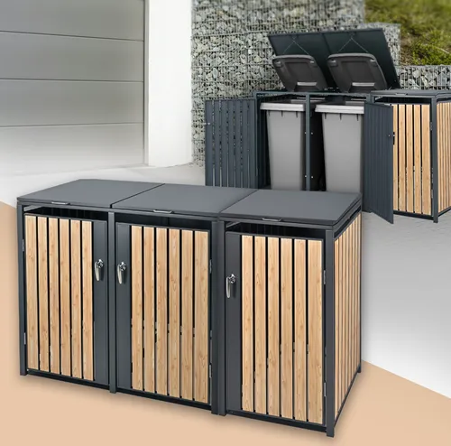 ML-Design Mülltonnenbox 3er - Anthrazit-Lärchenoptik, wetterfest und abschließbar - Mülltonnenboxen zur stilvollen Verkleidung von 3 Mülltonnen (240L), mit cleverem Zugseilsystem für einfache Handhabung und hervorragender Luftzirkulation, ideal für einen ordentlichen Garten.