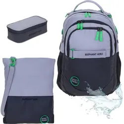Schulrucksackset 3 Teile Set Schulrucksack Rucksack Schulmappe Ranzen Rucksack + Turnbeutel Attach Bag + Mäppchen Box 13047 CB Grau Grün rtm - Grau/Schwarz/Grün