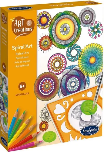 Sentosphere - Spiralart - Gesellschaftsspiel mit 60 bunten Mustern, inkl. 6 Spiralschablonen und 10 Farbstiften für kreative Kunstwerke.