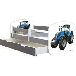 ACMA Jugendbett Kinderbett Junior-Bett Komplett-Set mit Matratze Lattenrost und Rausfallschutz Grau 42 Traktor 160x80 + Bettkasten - Grau