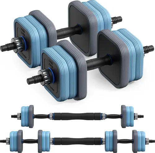 3-in-1 verstellbares Hantel-Set – Kurzhantel & Langhantel (20 kg) - Multifunktionales Hantelset für Kurzhantel, Langhantel und Liegestütztraining – ideal für Zuhause. Quadratische, gummibeschichtete Scheiben verhindern Rollen und schützen Böden.