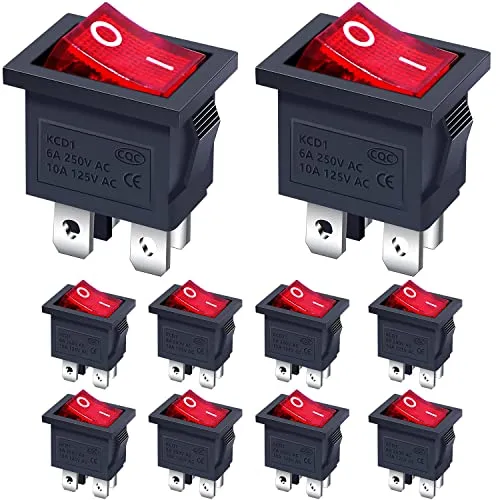 Taiss / 10 Stücke Kippschalter AC 250V / 6A, 125V / 10A Rote licht beleuchtet EIN/AUS DPST 4 Pin 2 Position Mini Wippschalter Für Autos und Boote KCD1-4-201N-R