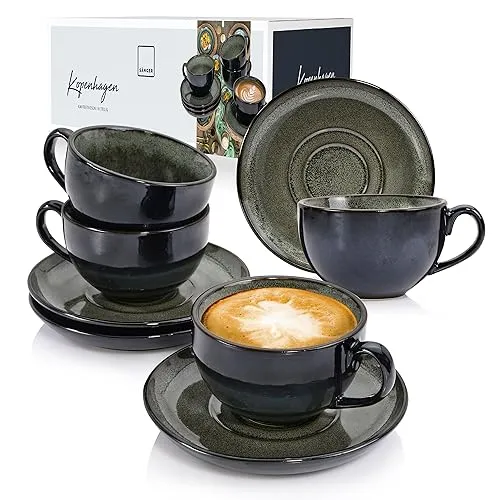 SÄNGER Kaffeetassen Set Kopenhagen 8 tlg - Tafelservice für 4 Personen, handgefertigte, spülmaschinenfeste Tassen und Untertassen in grau-grün, ideal für Kaffee, Tee und mehr – platzsparend und stilvoll.