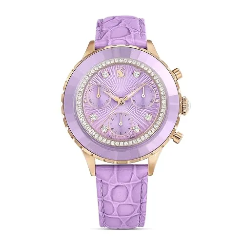 Swarovski Octea Chrono Uhr - Violett mit Roségoldfarbenem Finish - Armbanduhren für Damen, Schweizer Qualität, mit facettierter Kristalllünette und italienischem Kalbslederarmband für eleganten Stil und Funktionalität.