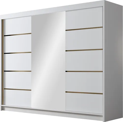 MIRJAN24 Schiebetürenschrank Amber VI mit Spiegel - Schwebetürenschrank in Weiß, 250 cm breit, mit modernem Aluminiumgriff und großem Spiegel - ideal für stilvolle Garderobenlösungen.