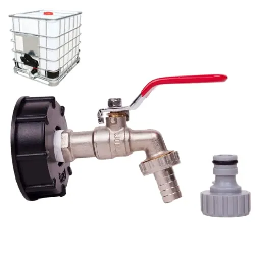 Wasserhahn Tank 1000 l Wasserhahn Regenwassertank IBC 1/2 Zoll Doppelhahn Regenwassertonne Messing hergestellt aus PP Grobgewinde 60 mm (1 Stück)