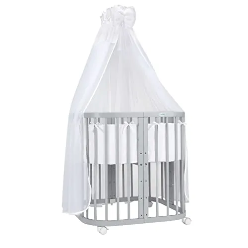 Mobiles Babybett aus Holz 7in1 mit Matratze – Mitwachsend in Grau-Weiß - Vielseitiges 7-in-1 Babybett für Kinder von 0-36 Monaten. Höhenverstellbar, ideal als Beistellbett oder Laufstall. Inkl. 3-teiligem Schaumstoffmatratze und Sicherheitsgurt – ein langlebiges Möbelstück für Spiel und Schlaf!