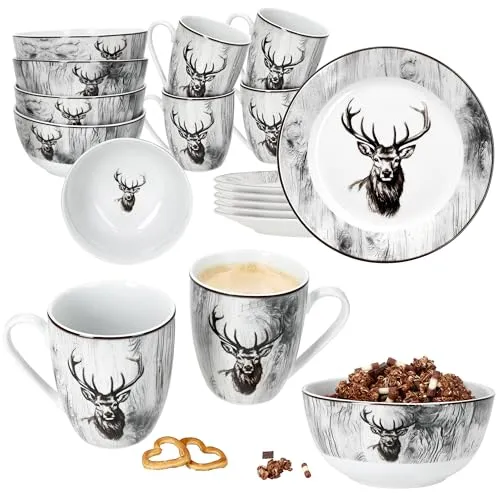 MamboCat Alois 18tlg Frühstücksset I je 6x Frühstücksteller, Müslischalen & Kaffeebecher aus Porzellan I 6 Personen I Holz-Optik & Hirschmotiv in Schwarz-Weiß I für Frühstück & Kaffee