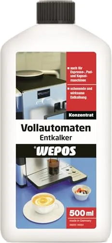 Wepos Vollautomaten Entkalker 500ml | Konzentrat | für Kaffeevollautomaten | für Epresso- und Kaffeepadautomaten | Einfache Anwendung | entfernt Kalk, Kalkablagerungen und Kesselsteine