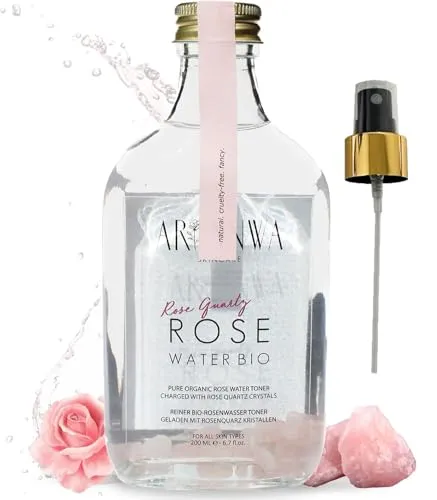 ARI ANWA Premium - Upcycled Bio Rosenwasser Toner mit Rosenquarz | Reinigt porentief, erfrischt & verleiht strahlendes Hautbild | 100% Rosenwasser Glasflasche + Sprayer