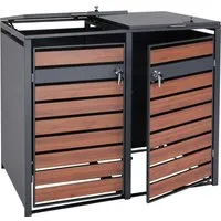 2er Mülltonnenverkleidung MCW-J81: Erweiterbare Mülltonnenbox aus Metall - Außenanbau für 2 Mülltonnen (80-240L), robust und stilvoll in anthrazit mit Kirsche-Holzoptik, ideal für eine ordentliche Gartenansicht.