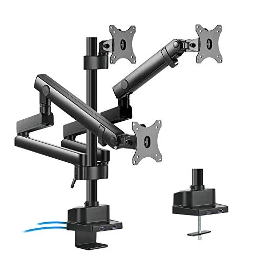 MC-811 - Adjustable Desk Mount for 3 LCD Displays - TV-Halterungen mit einstellbarem Arm für 3 LCD-Anzeigen, aus Aluminium und Stahl, perfekt für einen organisierten Arbeitsplatz.