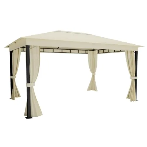 ALEOS. Garten Pavillon Monza 4x3 Meter 3x4m Gartenpavillon 12m² einfacher Aufbau ohne Werkzeug Klicksystem Dach 100% WASSERDICHT UV30+ mit 4 Vorhängen Starke Füße 6x6cm cremeweiß