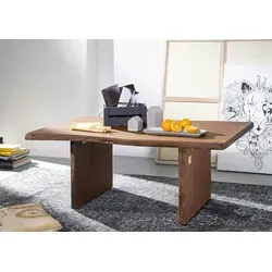 Massiver Couchtisch mit Baumkante aus Akazie - Tisch- & Stuhl-Sets aus massivem Akazienholz, einzigartiges Unikat mit natürlicher Baumkante und astlosem Design – ideal für ein modernes Wohnzimmer.