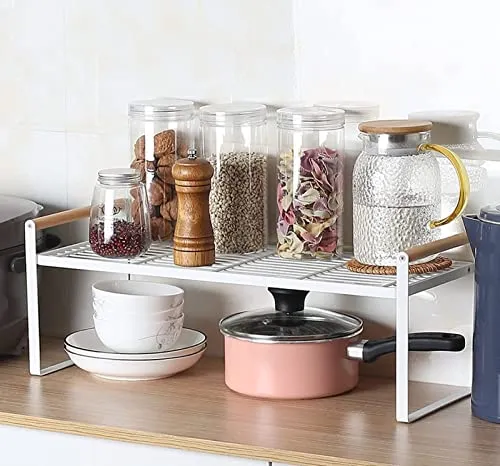 HGYZE Küchenregal Arbeitsplatte Organizer, Gewürzregale Stehend, Metall & Holz Stapelbarer Regal, Regaleinsatz für Küchenschrank Geeignet für Zuhause & Küche - 50 * 21 * 20 Tischregal (Weiß)