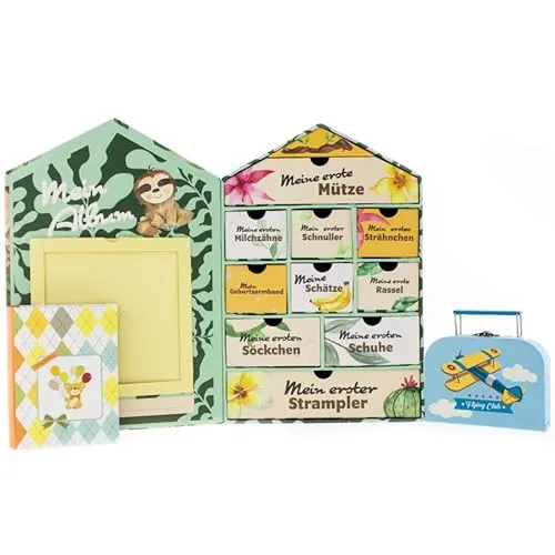 Baby Erinnerungsbox Schatztruhe Erinnerungen mit 10 Fächern,Erinnerungen Meilenstein Box – Erinnerungsbox für Geburt und Taufe – Süße Baby, Windeltorten (Blau-Tasche, Einheitsgröße, 1, stück)