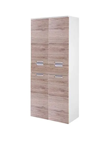Schildmeyer Badschrank Mars 700863 - Badezimmerschrank in Eiche/Weiß, mit 4 Fächern, Soft-Close-Schublade und höhenverstellbaren Einlegeböden. Flexibel hängend oder stehend montierbar, ideal für viel Stauraum im Bad.