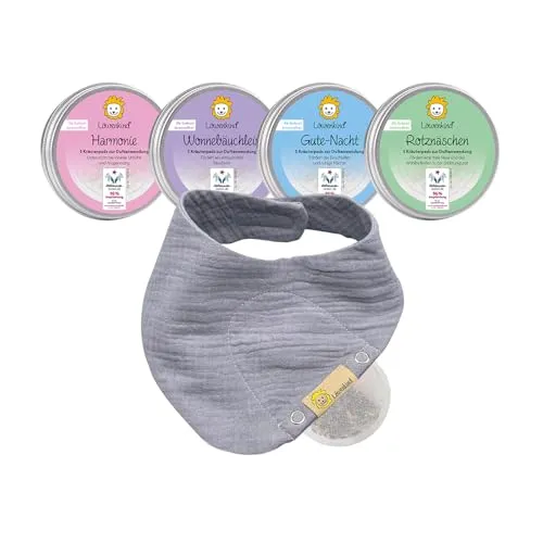LÖWENKIND Baby Startklar-Set für Kinderwehwehchen - Vielseitiges Set mit 4x5 natürlichen Kräuterpads und einem Musselin-Halstuch aus 100% Bio-Baumwolle. Ideal für die sanfte Unterstützung bei Unruhe und Schlafproblemen, ganz ohne Chemie!