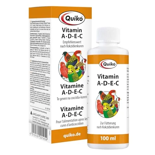 Quiko Vitamin A-D-E-C 100ml für Ziervögel - Vielseitige Vitaminversorgung für Ziervögel mit A-D-E-C. Ideal für die Zuchtvorbereitung und zur Unterstützung der Vitalität. Wiederverschließbare Flasche für frische Qualität.
